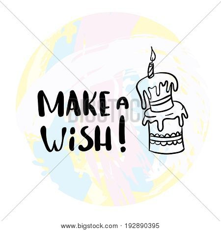 Happy birthday card sweet cake candle and triangle bunting flags with text make a wish flat