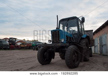Old Tractor On A Background Of Sky, Yard Machine,