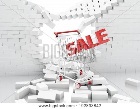 3D Sale Sign Of A Shopping Cart Breaking Through A Brick Wall