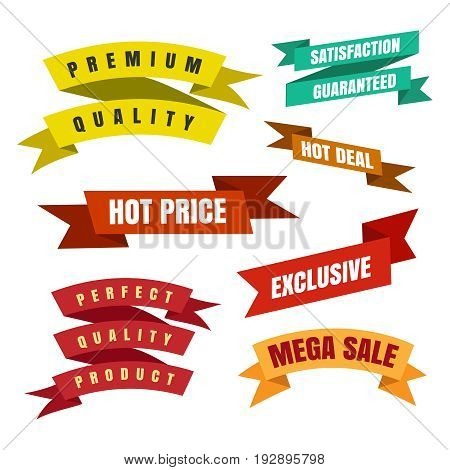 Colorful ribbon labels and stickers for trade isolated on white background. Vector illustration