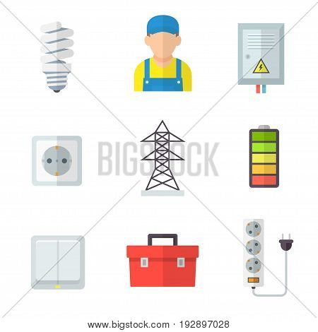Electrician icon set, professional service, fit and fix, electrical equipment, lighting, control system in home and office. Vector flat style cartoon illustration isolated on white background