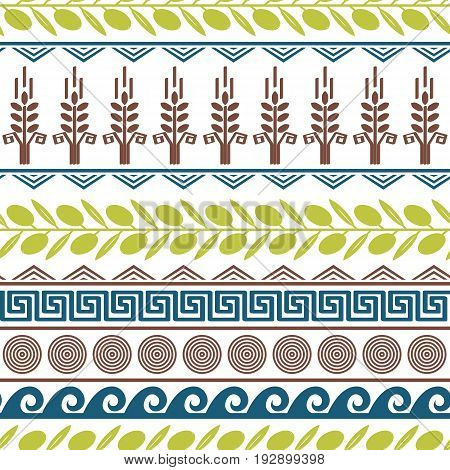 Cute seamless pattern with olives wheat and greek symbols.