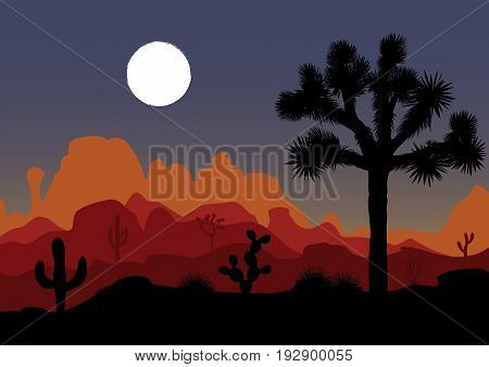 Night landscape with Joshua tree, cactus, and mountains. Vector illustration