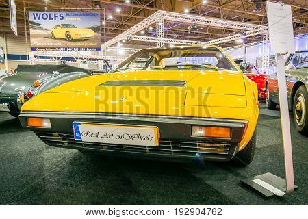 MAASTRICHT NETHERLANDS - JANUARY 14 2016: Sports car Ferrari 308 GT4 Dino 1977. International Exhibition InterClassics & Topmobiel 2016