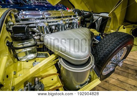 MAASTRICHT NETHERLANDS - JANUARY 14 2016: Engine compartment Jaguar E-Type Series I coupe 1963. International Exhibition InterClassics & Topmobiel 2016