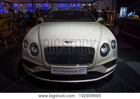 MAASTRICHT NETHERLANDS - JANUARY 14 2016: Personal luxury car Bentley Continental GT V8S since 2016. International Exhibition InterClassics & Topmobiel 2016