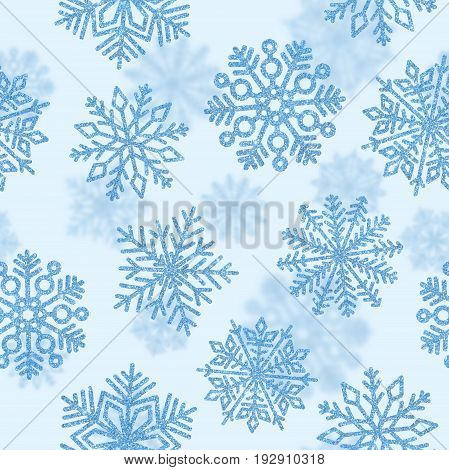 Seamless pattern with blue shiny snowflakes.. Christmas decoration of sequin confetti.