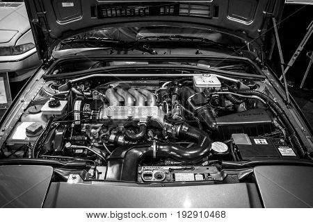 MAASTRICHT NETHERLANDS - JANUARY 14 2016: Engine of Volvo 480 close-up. Black and white. International Exhibition InterClassics & Topmobiel 2016