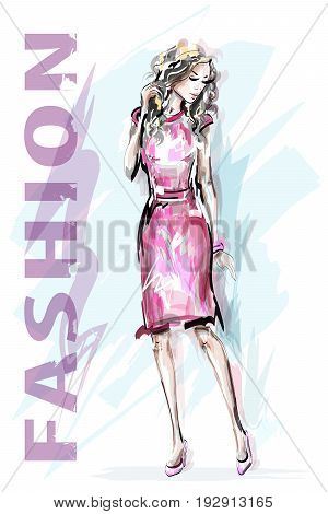 Fashion model. Hand drawn beautiful fashion woman. Stylish girl. Sketch. Vector illustration.