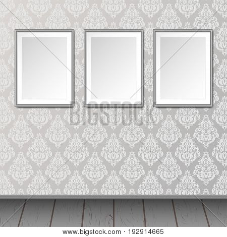 Gallery interior with 3 empty frames background. Vintage victorian pattern and wooden floor. Can be used as mock up. Blank canvas.