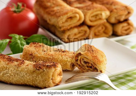 Croquettes polish style pancakes stuffed with beef.