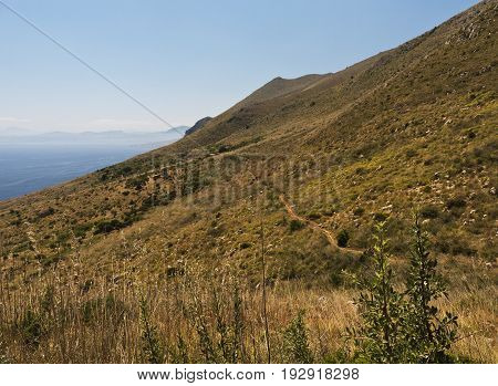Hilly landscape with a footpath Lo Zingaro Nature Reserve in Sicily Italy