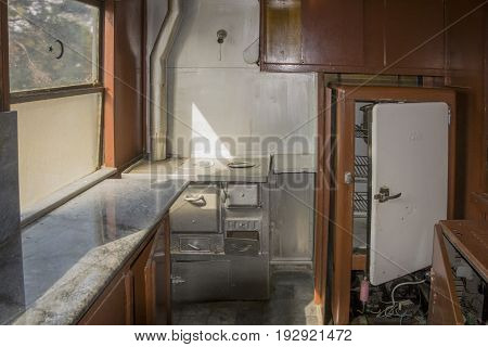 SELCUK, TURKEY, 21 FEBRUARY 2017 - Interior kitchen of an old train wagon located in Museum Selcuk Turkey. This wagon was produced in Germany in 1926 for Ulu Onder Ataturk.