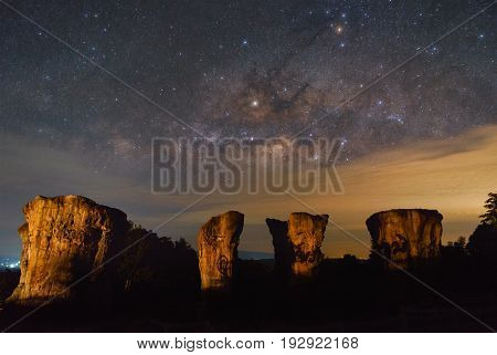 Milky way over the canyon at Lalu rock formations park Sakaeo Thailand