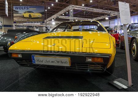 MAASTRICHT NETHERLANDS - JANUARY 14 2016: Sports car Ferrari 308 GT4 Dino 1977. International Exhibition InterClassics & Topmobiel 2016