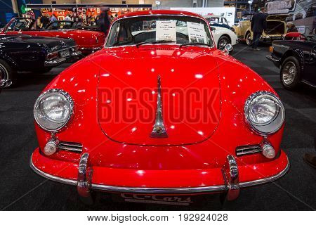 MAASTRICHT NETHERLANDS - JANUARY 14 2016: Sports car Porsche 356 Coupe 1964. International Exhibition InterClassics & Topmobiel 2016