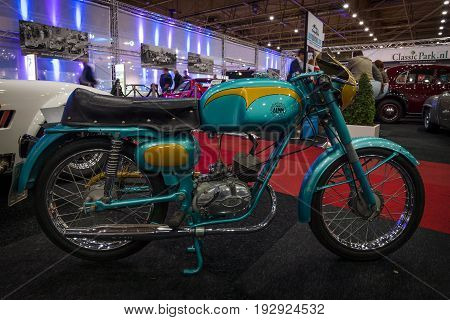 MAASTRICHT NETHERLANDS - JANUARY 14 2016: Small Italian motorbike DEMM. International Exhibition InterClassics & Topmobiel 2016