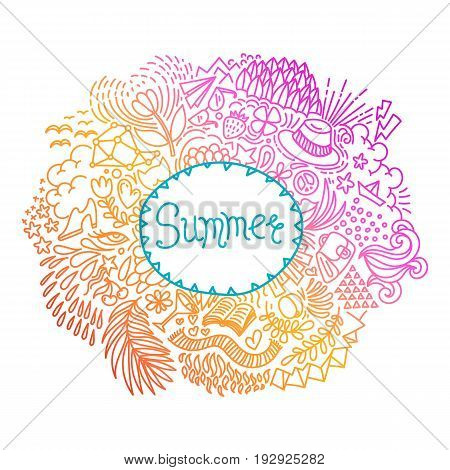 Summer. Round shape doodle frame made of abstract freehand ornament. Vector illustration
