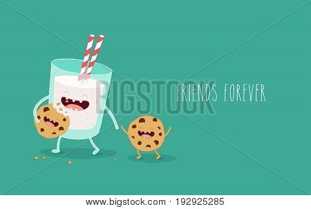 Vector cartoons of comic characters bottle of milk and cookies. Friends forever. Breakfast