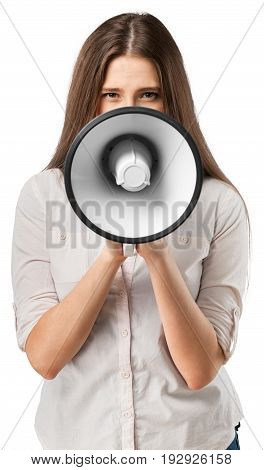 Beautiful holding one girl young looking at camera speaking trumpet