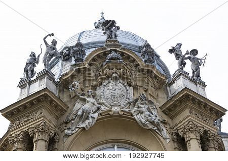 Elements of the castle architecture and the church of the eclectic Vajdahunyad in Budaplast in Hungary