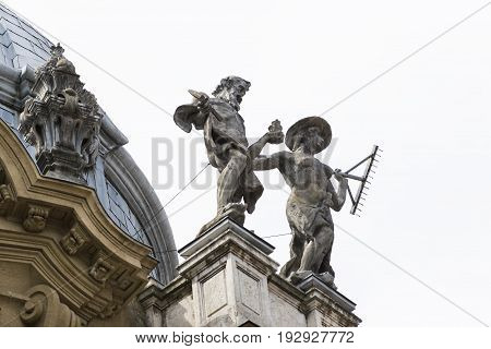 Elements of the castle architecture and the church of the eclectic Vajdahunyad in Budaplast in Hungary