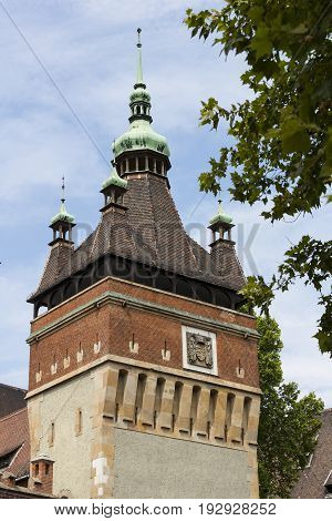 Elements of the castle architecture and the church of the eclectic Vajdahunyad in Budaplast in Hungary