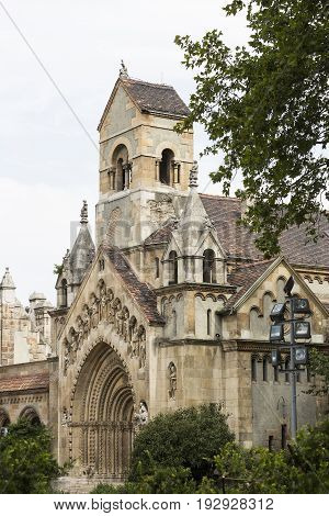 Elements of the castle architecture and the church of the eclectic Vajdahunyad in Budaplast in Hungary