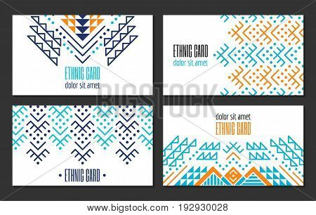 Aztec style colorful business card set. American indian ornamental pattern design. Ornate blank with ethnic motifs. Tribal decorative template. EPS 10 vector concept.