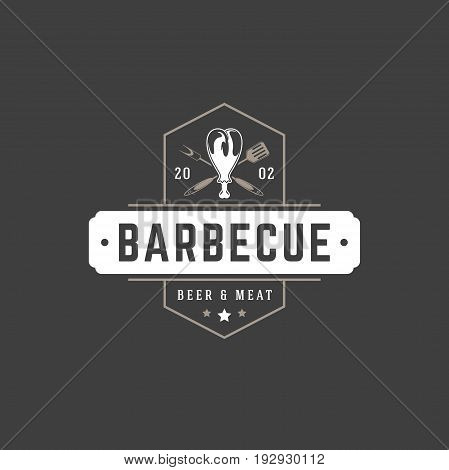 Restaurant logo template vector object for logotype or badge Design. Trendy retro style illustration, Barbecue grill chicken silhouette.