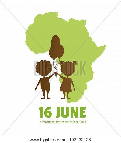 International Day of the African Child.16 June.African children on a background map of the African continent.Silhouettes of children.