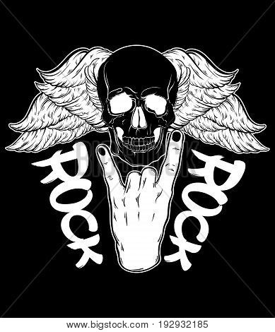 Vector hand drawn illustration of rock hand with human skull with wings. Tattoo artwork. Template for card poster bunner print for t-shirt.