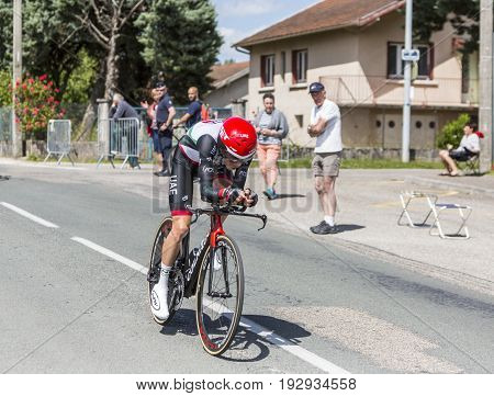 Bourgoin-Jallieu France - 07 June 2017: The South African cyclist Louis Meintjes of UAE Team Emirates riding during the time trial stage 4 of Criterium du Dauphine 2017.