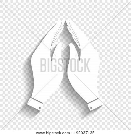 Hand icon illustration. Prayer symbol. Vector. White icon with soft shadow on transparent background.