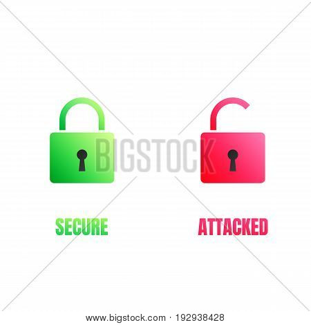 Cyber security lock icons. Computer security signs for secure and cyber attacked data