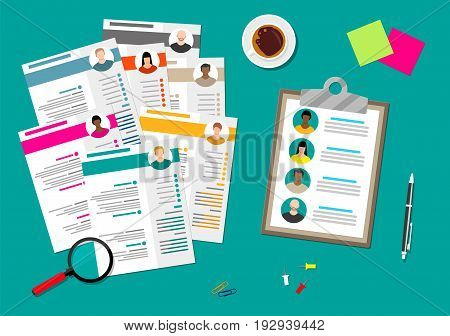 Human resources management concept, searching professional staff, work, hq, hard choice between people, resume on desk, pen, coffee cup. Vector illustration in flat style