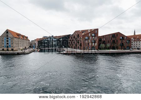 Copenhagen Denmark - August 12 2016: Waterfront of Copenhagen with modern residential buildings