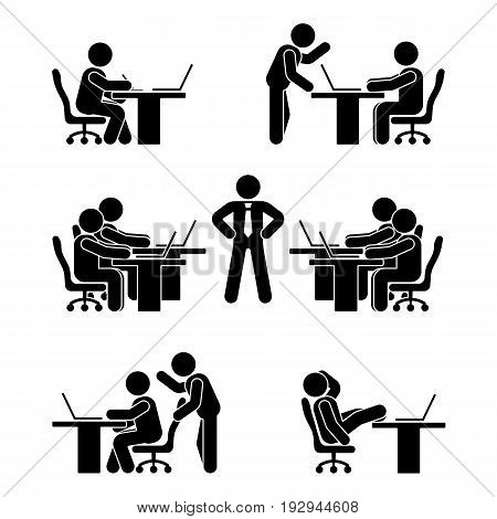 Stick figure poses set. Business finance chart person pc icon. Employee solution vector pictogram