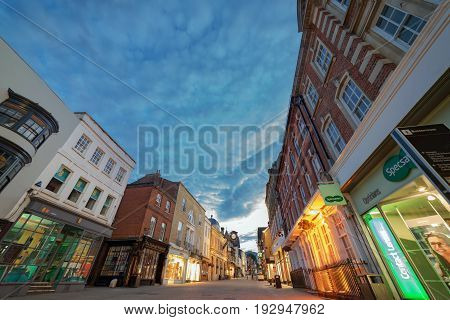 Winchester, UK. 25th June 2017. The streets of Winchester City centre at dusk on a quiet, warm summer's evening.