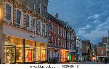 Winchester, UK. 25th June 2017. The streets of Winchester City centre at dusk on a quiet, warm summer's evening.