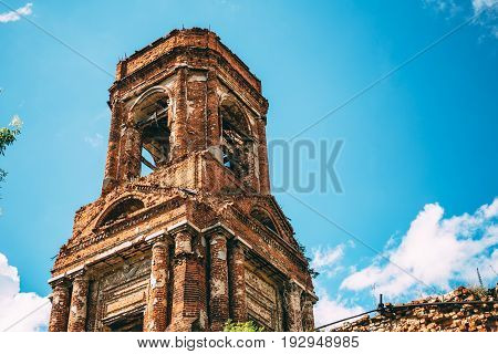 Tower of red brick ancient ruined abandoned Orthodox church in Yelets, Lipetsk region