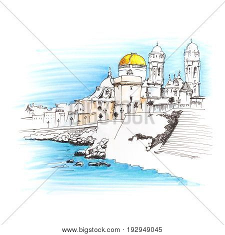 Playa de la Santamaria beach and Cathedral de Santa Cruz in the morning in Cadiz, Andalusia, Spain. Picture made markers