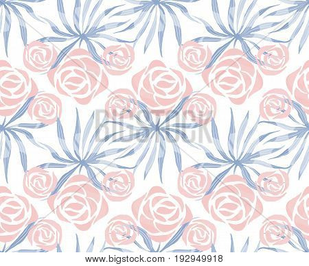 Vector exotic bouquet pattern. Seamless print with tropical flowers, palm leaves. Floral foliage endless print. Swimwear background. Hawaii lei tile.