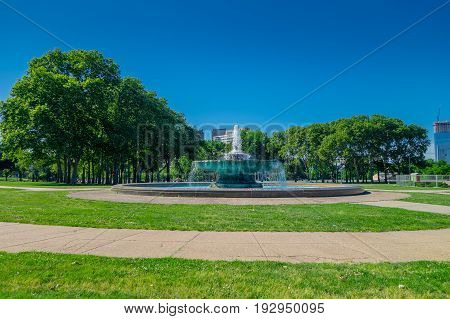 PHILADELPHIA, USA - NOVEMBER 22, 2016: Swann memorial fountain at Logan Circle, downtown Philadelphia, Pennsylvania USA