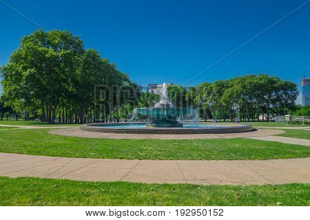 PHILADELPHIA, USA - NOVEMBER 22, 2016: Swann memorial fountain at Logan Circle, downtown Philadelphia, Pennsylvania USA
