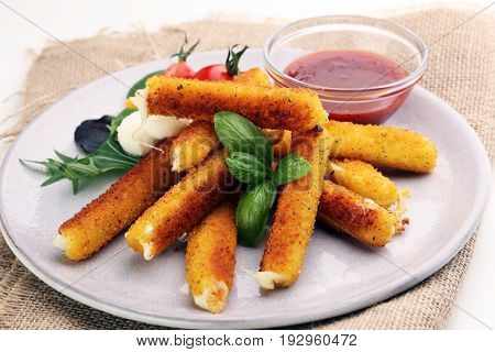 Breaded Mozzarella Cheese Sticks With Tomato Ketchup And Bbq Sauce