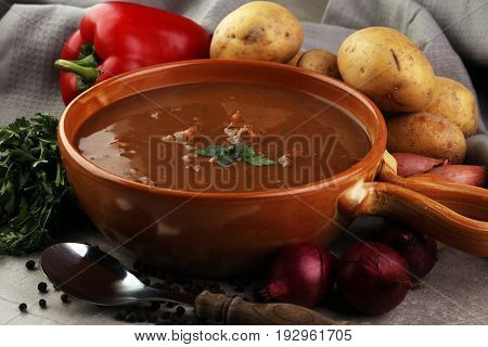 Tasty Hungarian Beef Goulash Soup Bograch Close-up On The Table And Ingredient