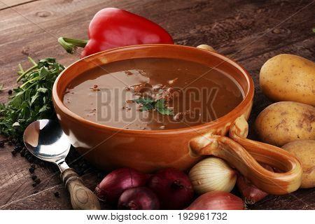 Tasty Hungarian Beef Goulash Soup Bograch Close-up On The Table And Ingredient