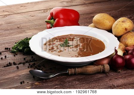 Tasty Hungarian Beef Goulash Soup Bograch Close-up On The Table And Ingredient