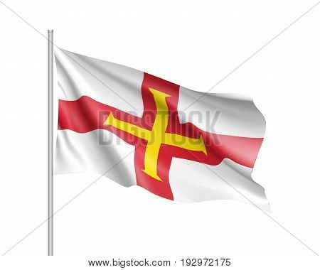Waving flag of Guernsey. Illustration of Europe country flag on flagpole. Vector 3d icon isolated on white background